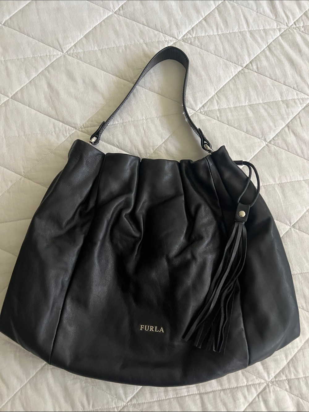 Furla black leather bucket bag hobo bag